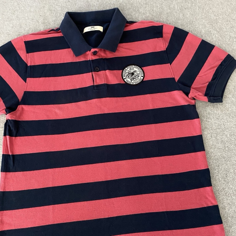 Y2K British Rugby Polo Mens Medium Pink Blue Striped Warwick Britain England Max - Picture 2 of 12